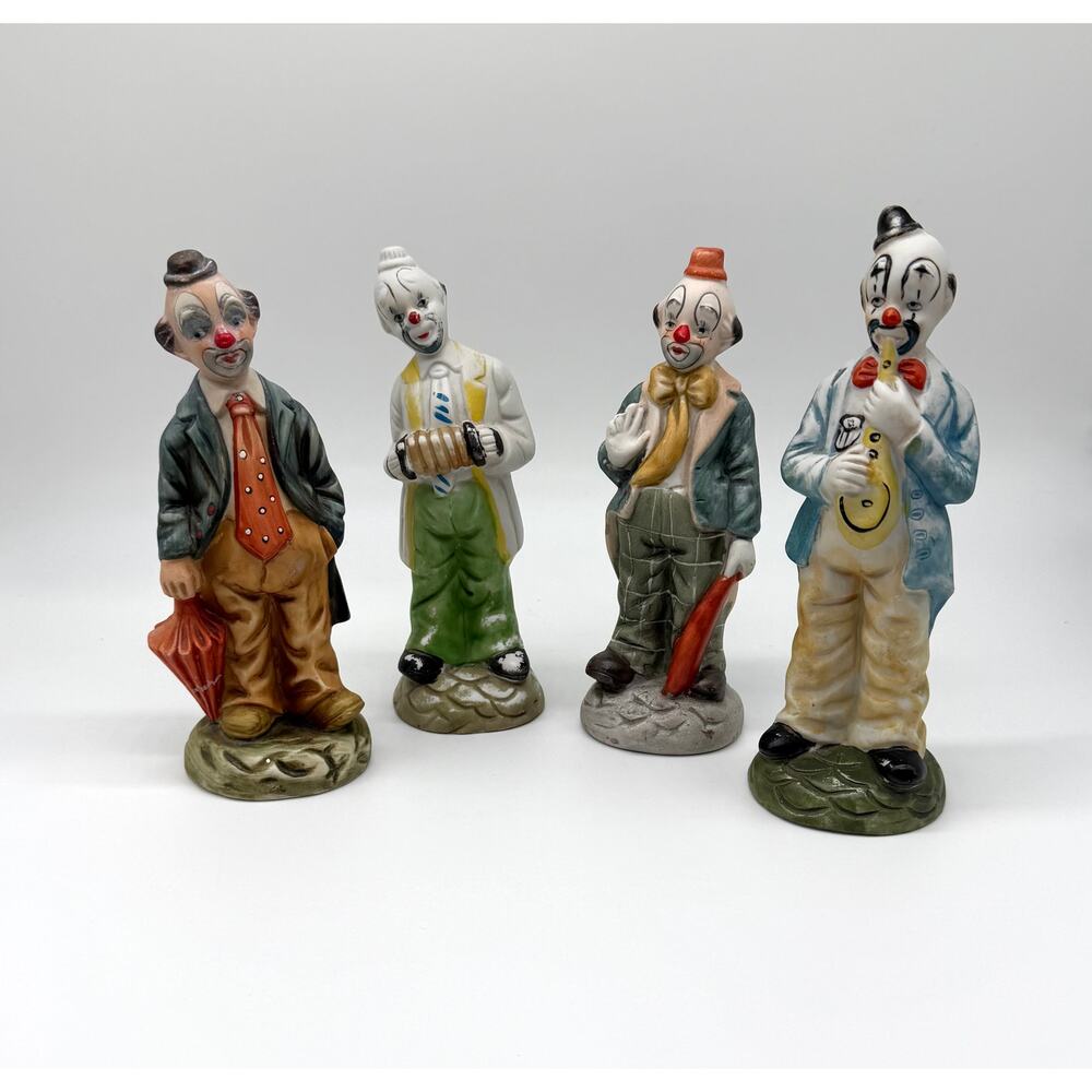 Vintage Ceramic Clown Figurines Set of 4 Mid Century Circus Statues Decor